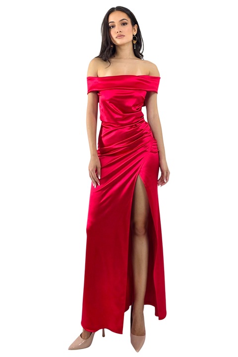 Rochie lunga, petrecuta, de ocazie, DHALIA cu crapatura ampla, Rosu, Marime universala S/M, FashionForYou