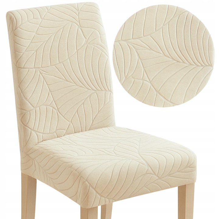 Husa pentru Scaun, HomeDesign, Jacquard cu Frunze, Elastic, Bej, 60x50x45cm