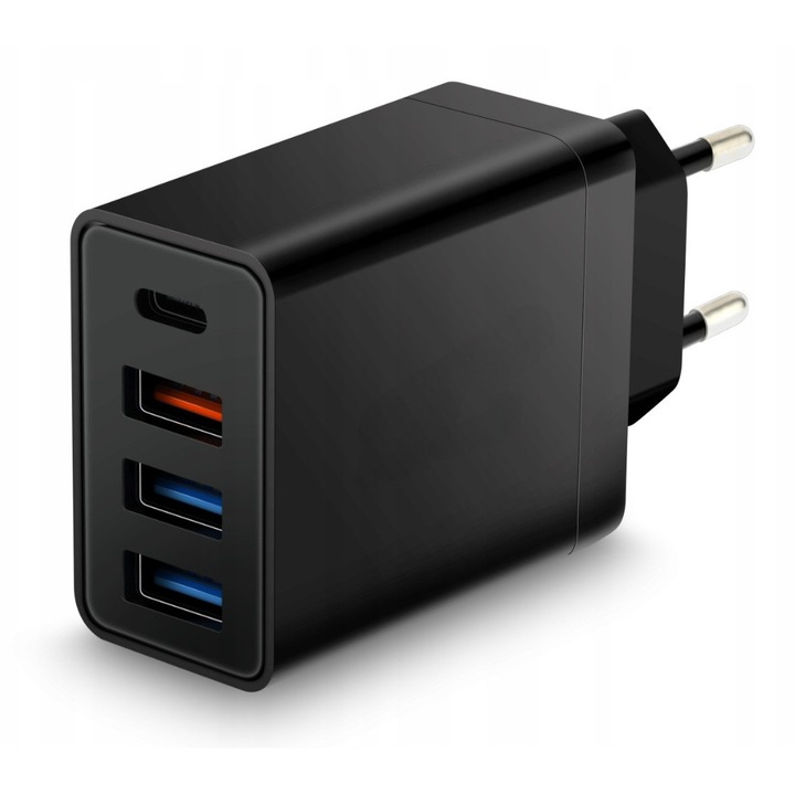 Încărcător Retea 4 Porturi 36W Negru, 3 x USB, 1 x Type-C, QC 3.0, Universal, 90x45x27mm