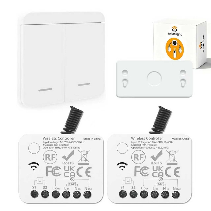 Comutator Wireless Montat pe Perete, General, Tehnologie RF 433MHz, Fara Cabluri, 10A, 85V-240V, 4x3.3x1.8cm, 1/2/3 Butoane - Alegere Libera