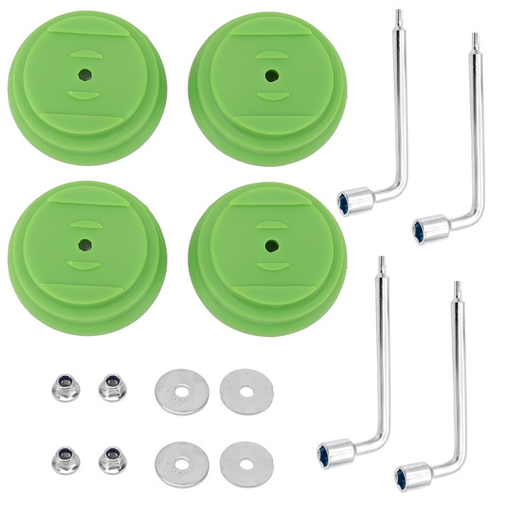 Kiegészítő készlet fűnyíróhoz, TREXORA, 16 darab, 4 penge, 4 alap, 4 anya, 4 csavar, 2 kulcs, kopásálló, zöld és ezüst