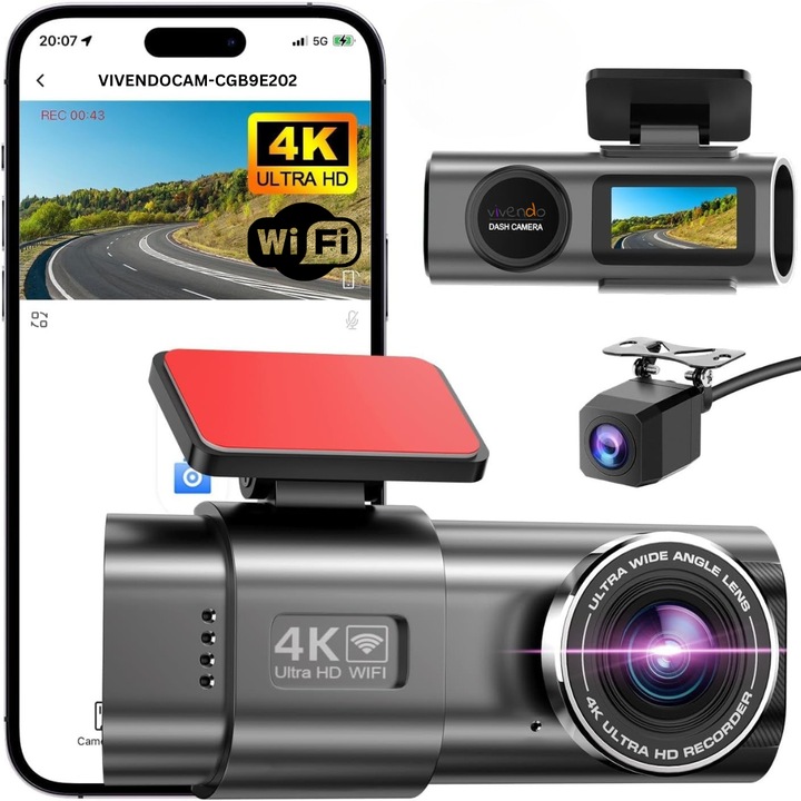 Camera Auto Duala DVR, Vivendo, Camera de bord compacta, 4K Ultra HD 2160P, Inregistrare in bucla, Night Vision, G-Sensor, Comenzi vocale, Unghi larg 170°, Camera video marsarier inclusa