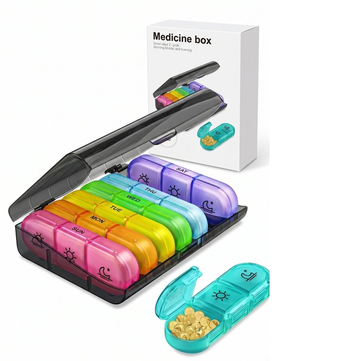 Organizator Pastile Saptamanal, 21 Compartimente (3 ori pe zi), BPA Free, Design Detasabil si Portabil, Multicolor
