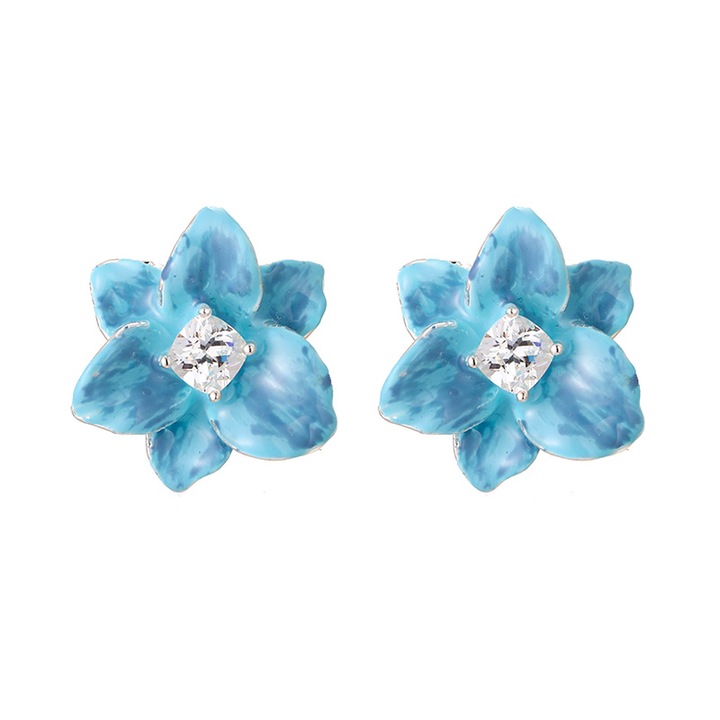 Cercei Buton Floare cu Email Albastru, Placare Alba, Acer de Argint S925, Bijuterii Artistice pentru Femei