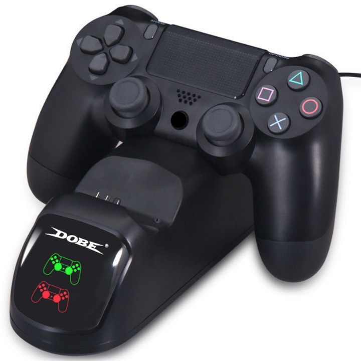 SDEPOT® Dual PS4 kontroller töltő, LED akkumulátor állapotjelzővel, USB tápegység, gyorstöltés, Playstation PS4 / Slim / Pro konzolokhoz, fekete