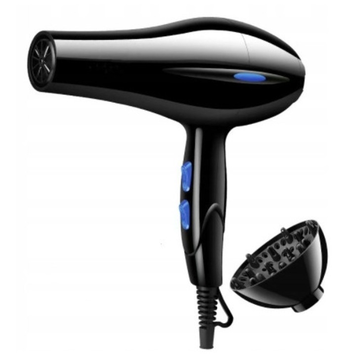 Hajszárító, 1200 W, 2 hajformázó fúvóka, ionizációs technológia, hideg levegő, 3 működési mód, fekete rózsaszín díszítéssel, a készlet tartalmazza: hajszárító, koncentrátor fúvóka, diffúzor fúvóka, eredeti csomagolás, használati útmutató, műanyag, könnyű