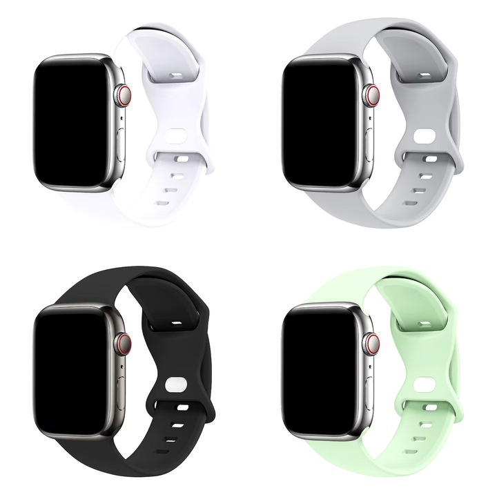 Set 4 Curele Ceas Silicon L/XL, Smartwatch 42–49 mm, seria 4–9| Lejera, sigura, confort in fiecare clipa – Negru, Verde fistic, Gri, Alb