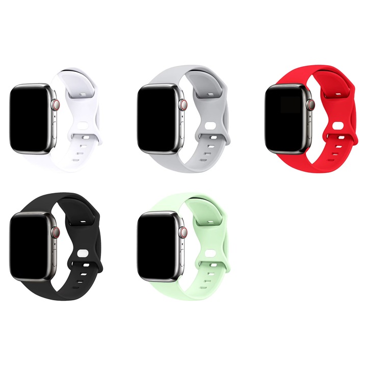 Set 5 Curele Ceas Silicon L/XL, Smartwatch 42–49 mm, seria 4–9| Lejera, sigura, confort in fiecare clipa – Rosu, Negru, Alb, Verde Pal, Gri