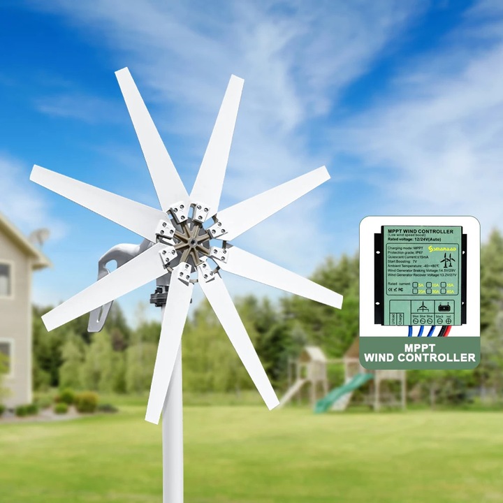 Szélturbina, Vízszintes szélerőmű generátor, 3000W, 48V, 8 lapát, Indulás 1,5 m/s-nál, Alacsony zajszint, Ingyenes töltésvezérlő, Fehér