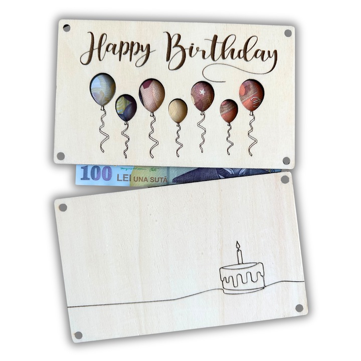 Felicitare din lemn „Happy Birthday” – 17x10, 5 cm, suport pentru bani, voucher sau card cadou. Potrivit pentru zi de nastere sau aniversare