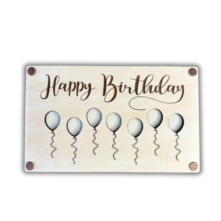 Felicitare din lemn „Happy Birthday” – 17x10, 5 cm, suport pentru bani, voucher sau card cadou. Potrivit pentru zi de nastere sau aniversare