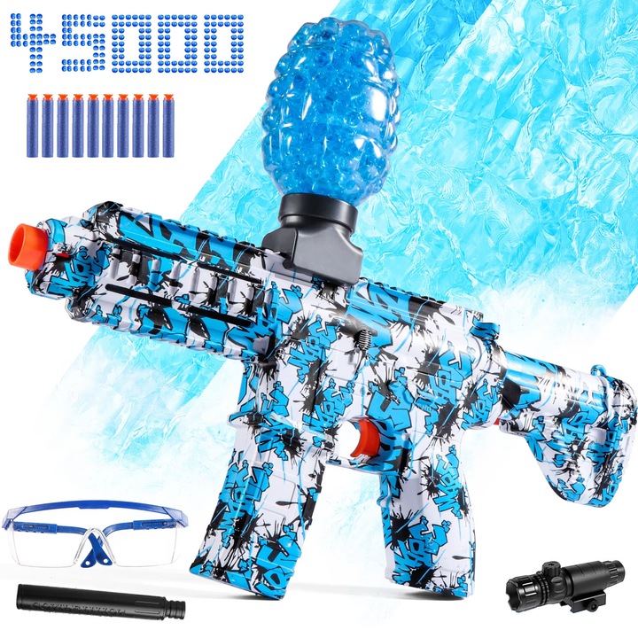 Pusca Automata de Jucarie, 5000 Bile din Gel 7-8 Mm, AK47, Albastru Alb, Ochelari de Protectie, Acumulator cu Incarcare USB, 31X7X28 Cm, + 14 Ani