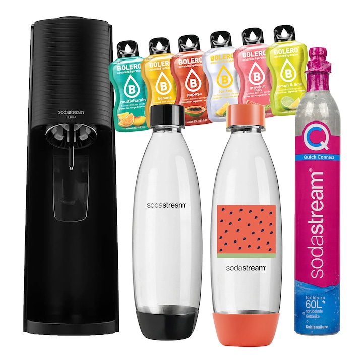 SodaStream Terra szaturátor, fekete Fuse palack, 6 db Bolero, 40x15x20cm