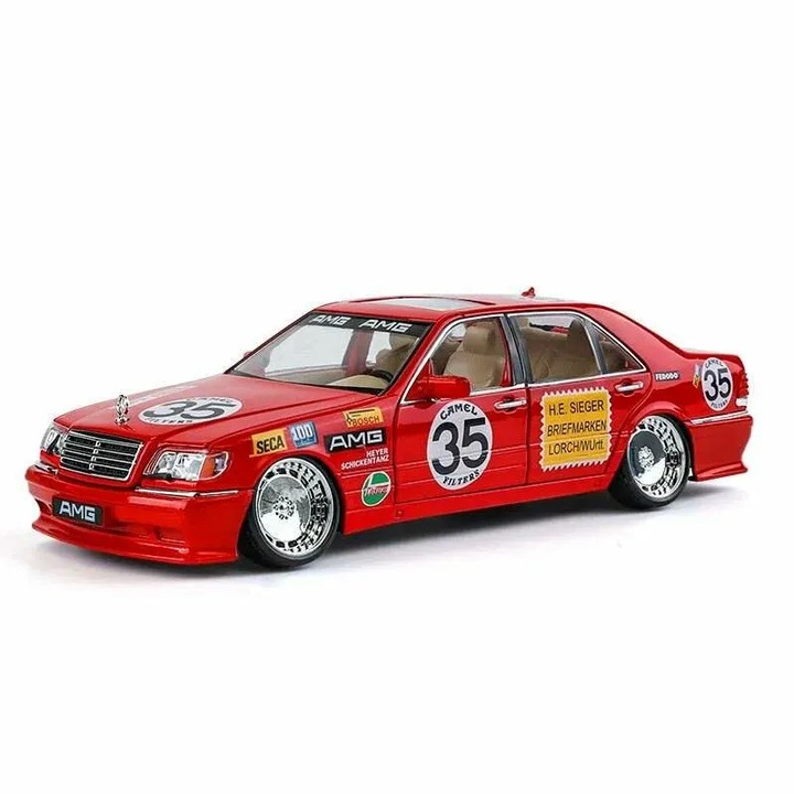 Mercedes-Benz W140 300 SEL öntött autó, 1:24, Piros, Csomagolás nélkül