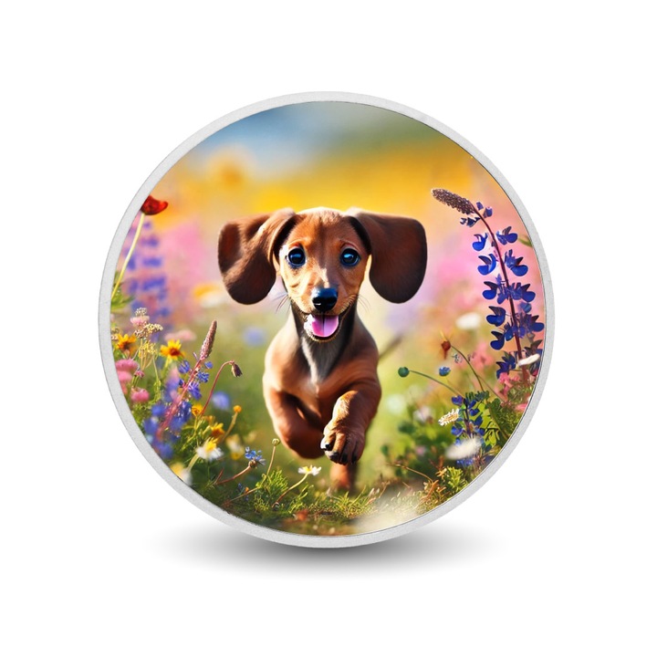 Moneda de argint colorata Dachshund, Arverni Mint, editie limitata, cutie cadou