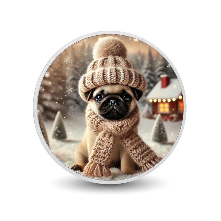 Moneda colorata din argint - Winter Wonderland Pug, Arverni Mint, 1 uncie, cutie cadou, certificat de autenticitate