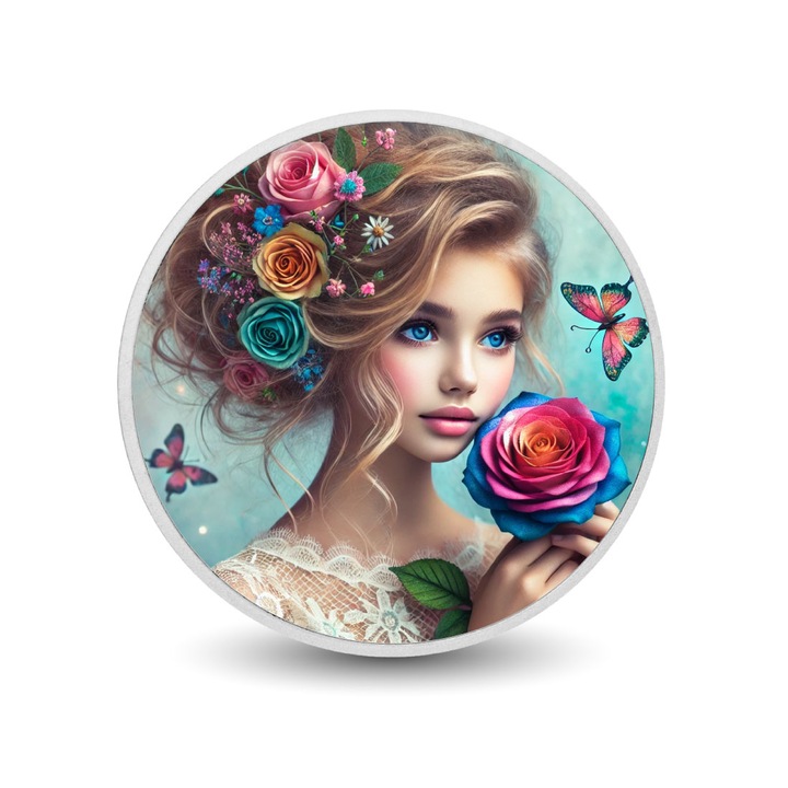 Moneda colorata din argint - Rosealie in Bloom, Arverni Mint, 1 uncie, cutie cadou, certificat de autenticitate