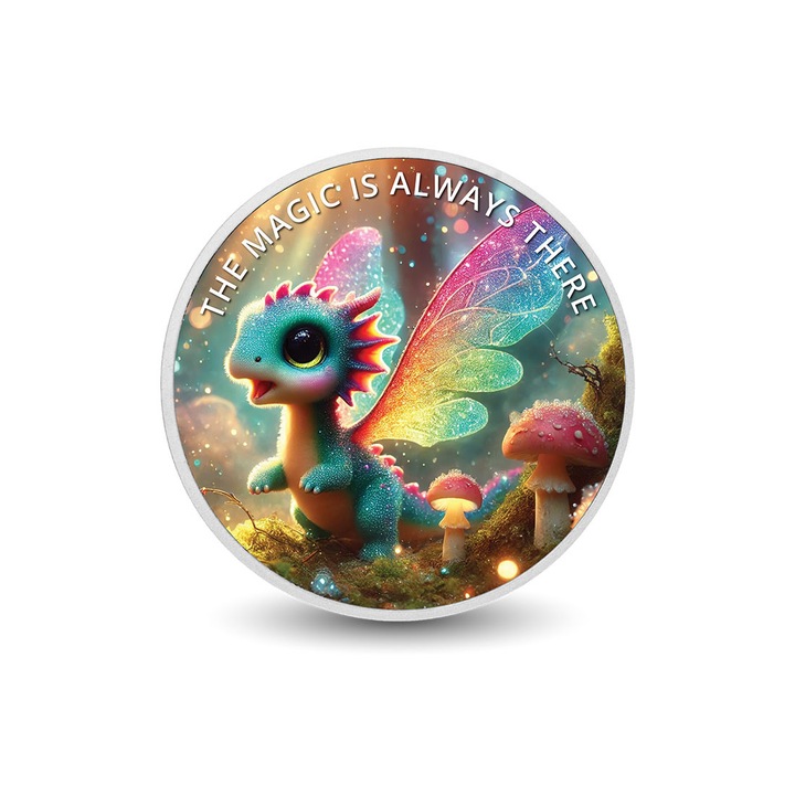 Moneda colorata din argint - Magic is Always There Pixie the Forest Dragon, Arverni Mint, 28 g, cutie cadou, certificat de autenticitate