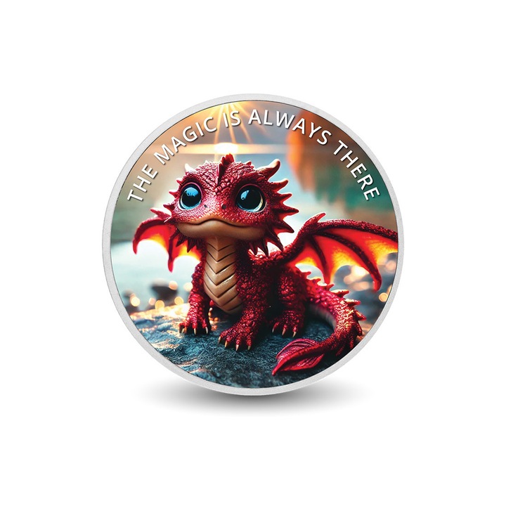Moneda colorata din argint - Dragonul Inima de Flacara Ember, Arverni Mint, 1 uncie, cutie cadou, certificat de autenticitate