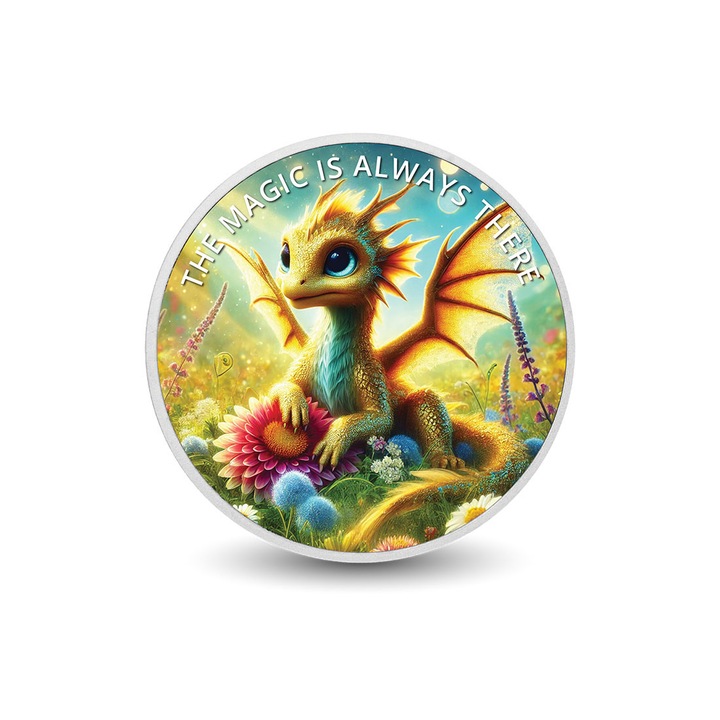 Moneda de colectie din argint - Sunny the Blossom Dragon, design radiant, editie limitata, cutie cadou