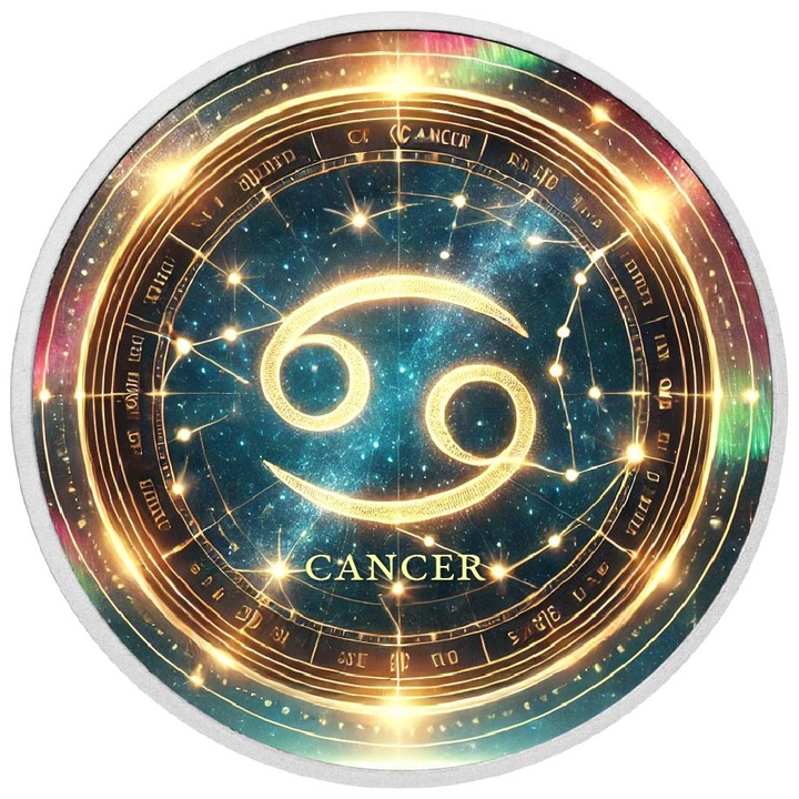 Moneda colorata din argint - zodia Rac, design cosmic, editie limitata, cutie cadou