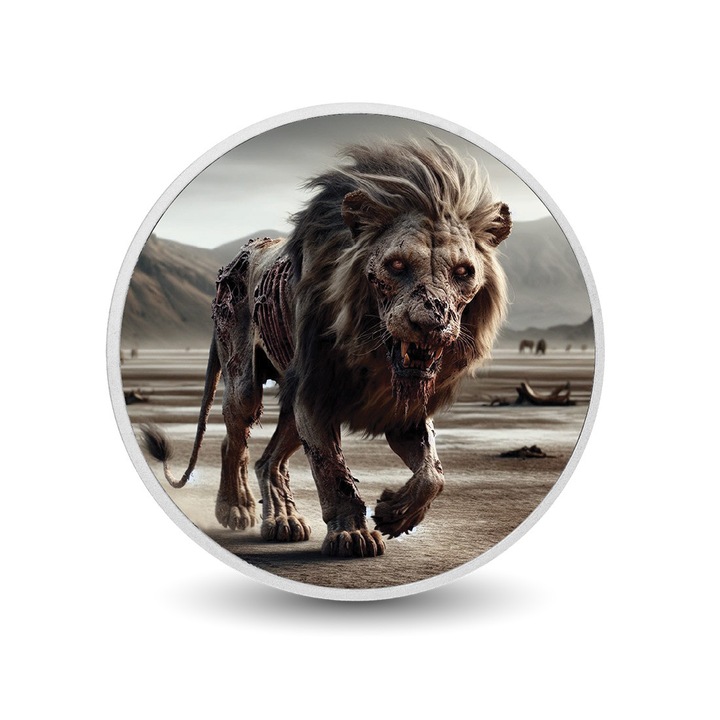 Moneda argint - Decay and Ruin: Zombie Lion, design macabru, 300 exemplare disponibile, cutie cadou