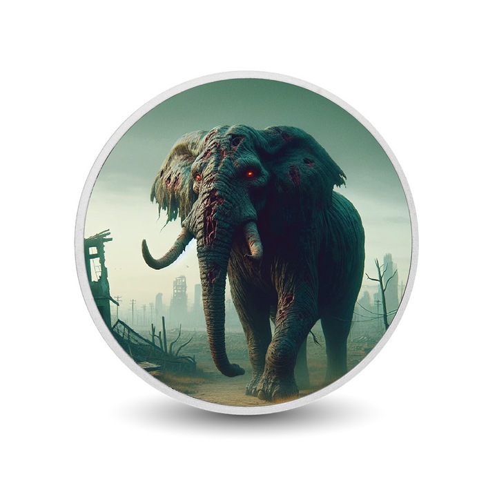 Moneda argint - Decay and Ruin, design elefant, aspect distopic, cutie cadou, certificat de autenticitate