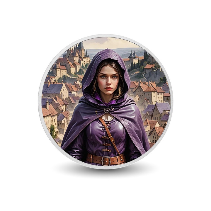 Moneda colorata din argint - Cronicile Gardienilor Invelite: Santinela Lavanda, Arverni Mint, 28 g, cutie cadou, certificat de autenticitate