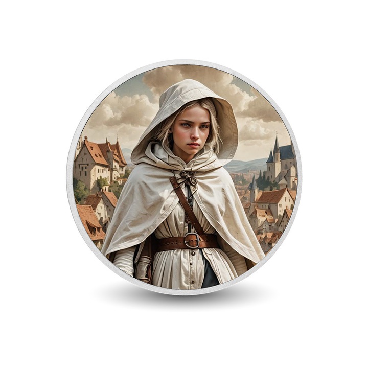 Moneda de colectie Chronicles of the Cloaked Guardians, argint, design medieval, cutie cadou