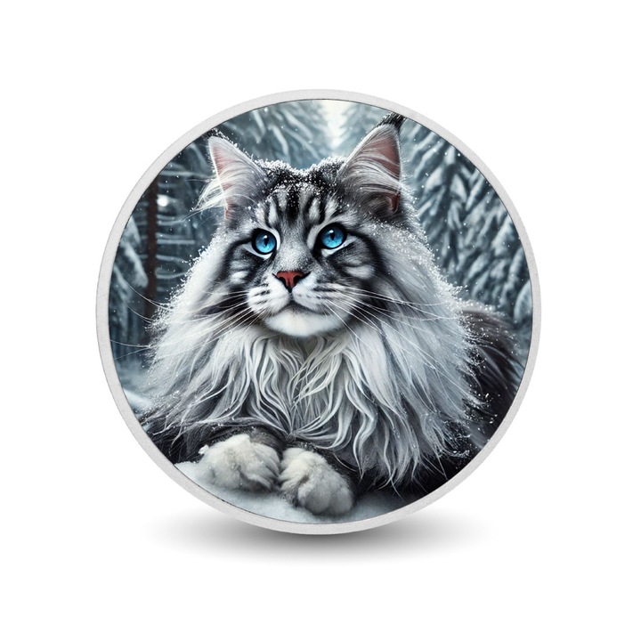 Moneda 1oz Frostborn Majesty: The Snowy Sentinel, pisica Maine Coon, argintie, cutie cadou