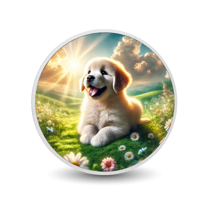 Moneda Arverni Mint 1oz, Sunlit Serenity: A Puppy's Paradise, prezentare in cutie cadou