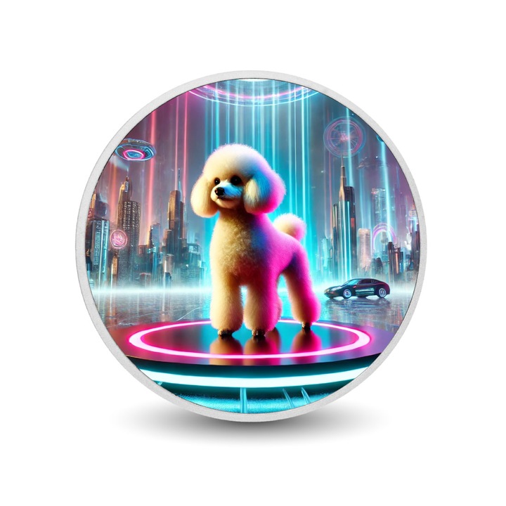 Moneda 1oz Poodle in Peisaj Neon, Arverni Mint, editie limitata, culori vibrante, cutie cadou