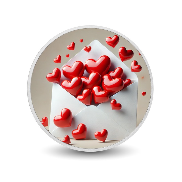 Moneda din argint 1oz Sealed with Love, Arverni Mint, design cu inimioare rosii, cutie cadou, certificat de autenticitate