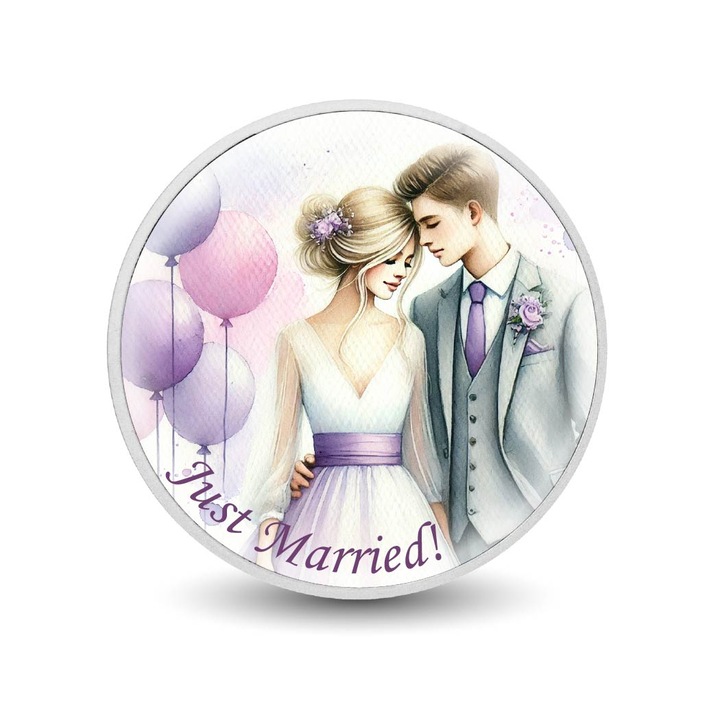 Moneda argint 1oz Romantic Pastel Wedding Bliss, Arverni Mint, ilustratie cu cuplu, cutie cadou