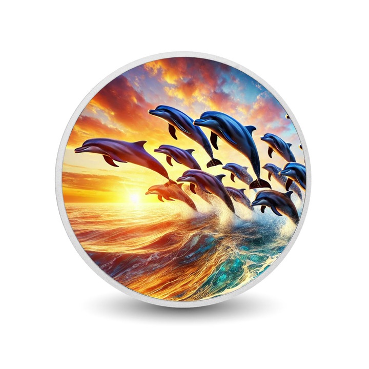 Moneda colorata Ocean Symphony: Delfini dansand la apus, set, certificat de autenticitate