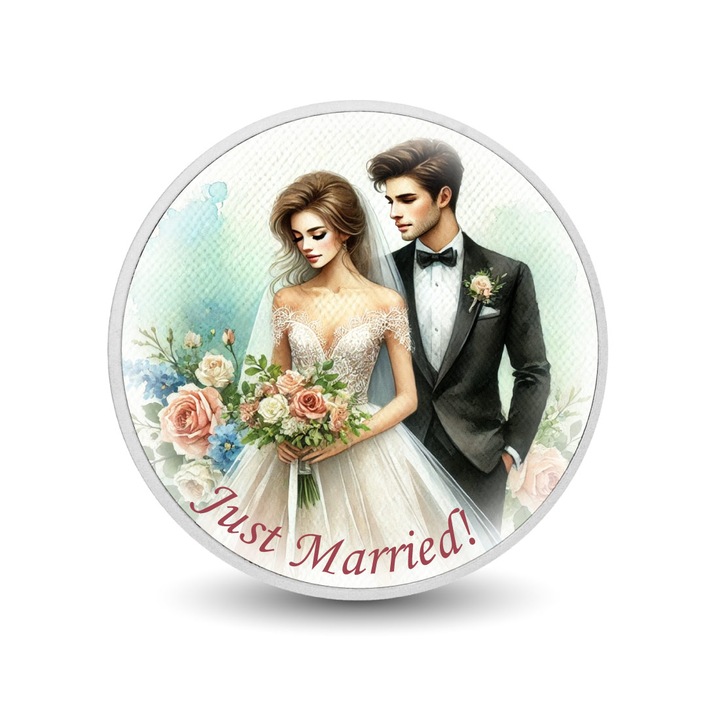 Moneda 1oz argint Just Married - Eleganta Timeless, ilustratie cu cuplu, cutie cadou