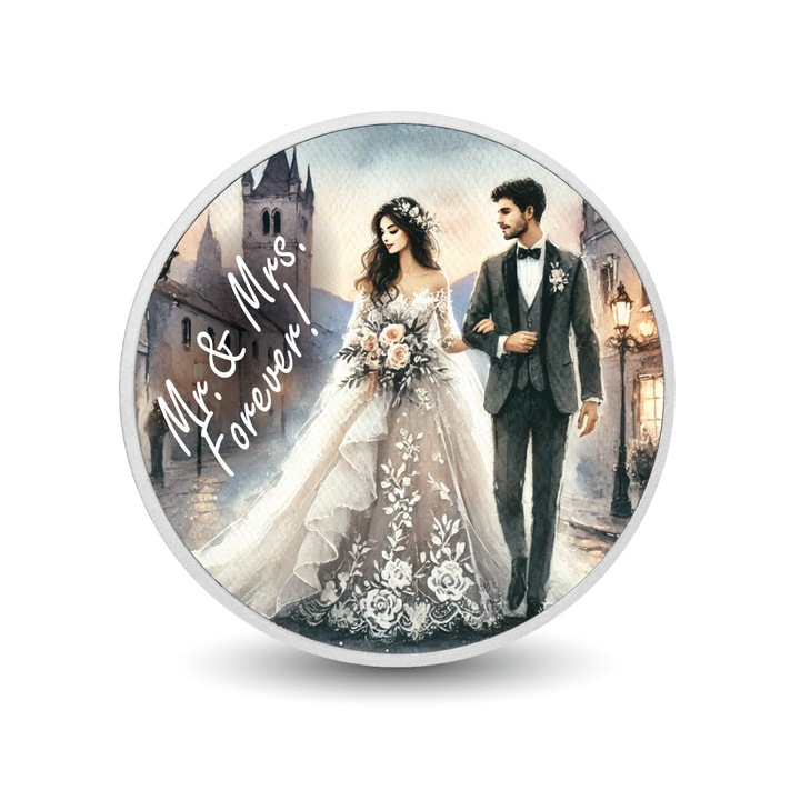 Moneda de argint 1oz Mr. & Mrs. Forever - Fairytale Stroll, design cu cuplu casatorit, cutie cadou, certificat de autenticitate