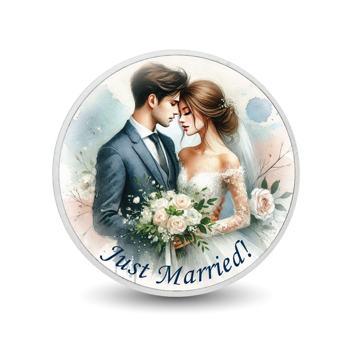 Moneda argint Just Married - Momentul Iubirii 1oz, ilustratie cu mire si mireasa, cutie cadou