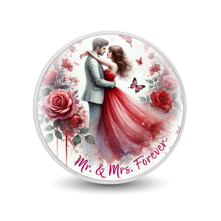 Moneda argint 1oz Mr. & Mrs. Forever - Dansul Iubirii, ilustratie romantica, cutie cadou, certificat de autenticitate