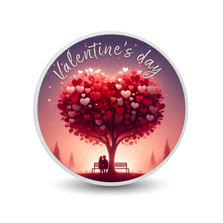 Moneda colorata 1oz, Arverni Mint, Roots of Romance, design tematic de Valentine's Day, cutie cadou