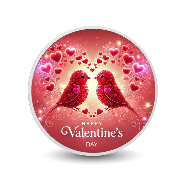 Moneda colorata 1oz Lovebirds' Eternal Kiss, Arverni Mint, rosu, prezentare in cutie cadou