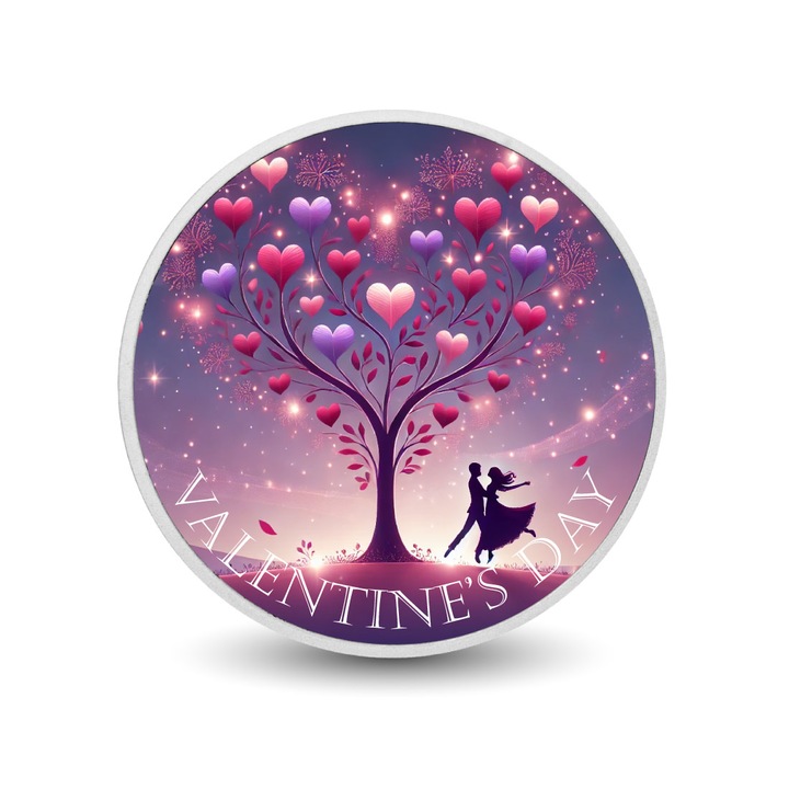 Moneda colorata 1oz Whispers Beneath the Heart Tree, Arverni Mint, design tematic de Valentine's Day, cutie cadou