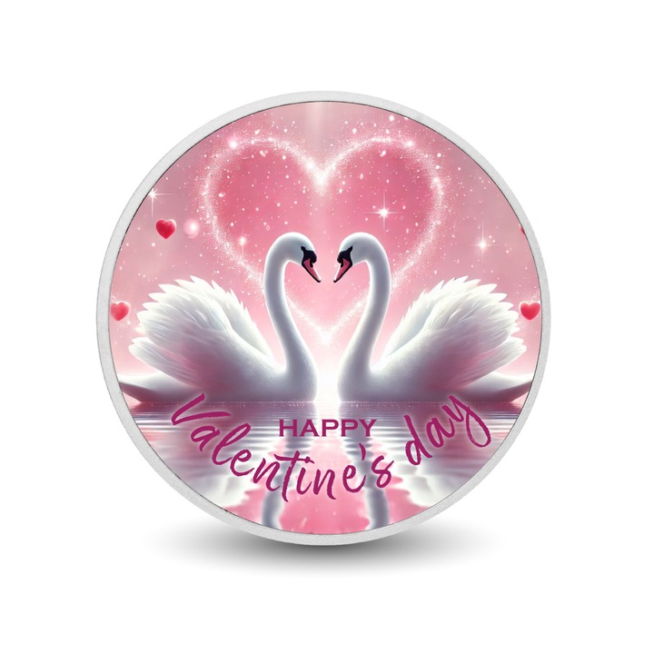 Moneda colorata 1oz Graceful Hearts Entwined, design cu lebede, editie limitata, cutie cadou