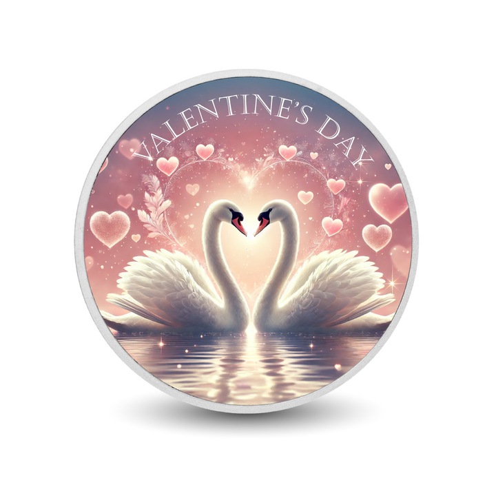 Moneda colorata 1oz Eternal Love's Reflection, design cu lebede, fundal auriu-roz, set in cutie cadou