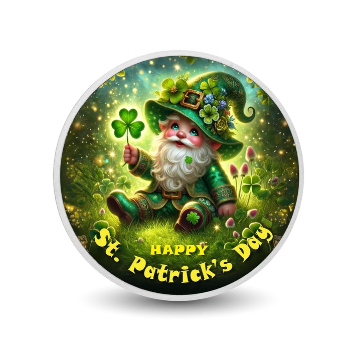 Moneda colorata 1oz Leprechaun in Pajistea cu Trifoi, Arverni Mint, detalii aurii, cutie cadou