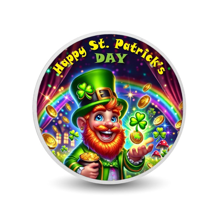 Moneda colorata Joyful Leprechaun cu un curcubeu al norocului 1oz, set, prezentare in cutie cadou