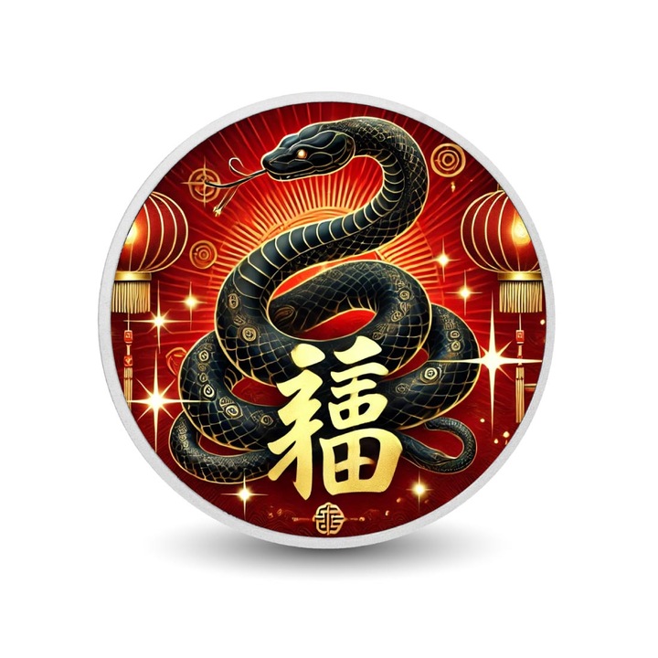 Moneda de argint 1oz Anul Sarpelui - Prosperitate si Putere, design cu sarpe negru si accente aurii, cutie cadou