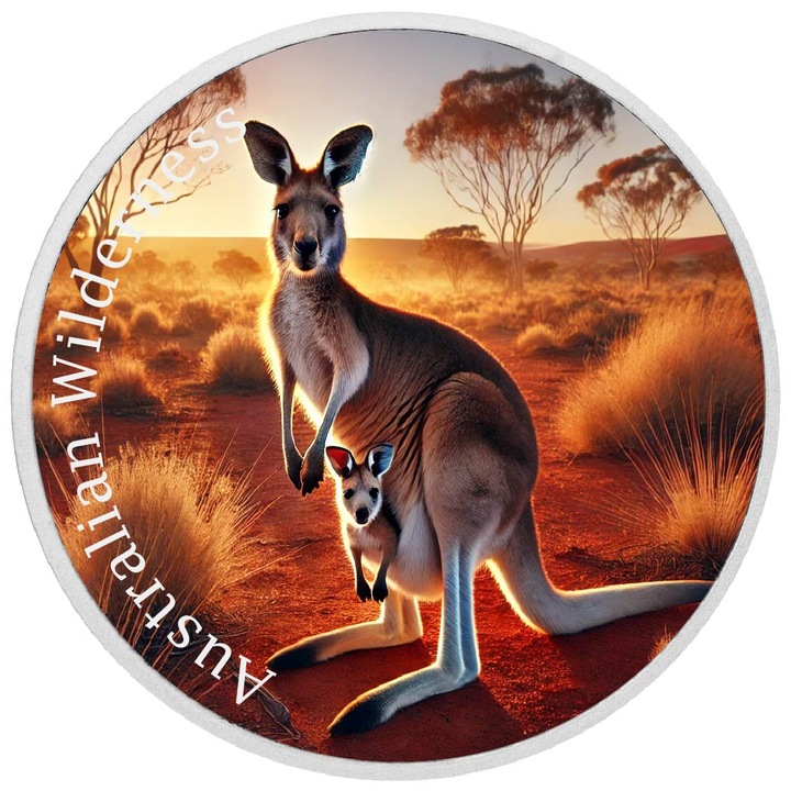 Moneda de argint 1oz Australian Wilderness - Cangur si pui, UV Printing, cutie cadou