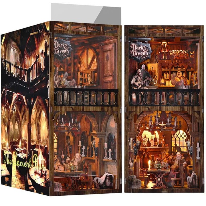 Casuta miniatura Puzzle 3D Book Nook DIY Taverna de sub Grifonul de Argint, Habarri, Material lemn, 414 de elemente, Cu Kit De Asamblare, Nivel de dificultate 7/7, Vârsta sugerată 14+, 18.5 x 11.3 x 23.6 cm, Multicolor