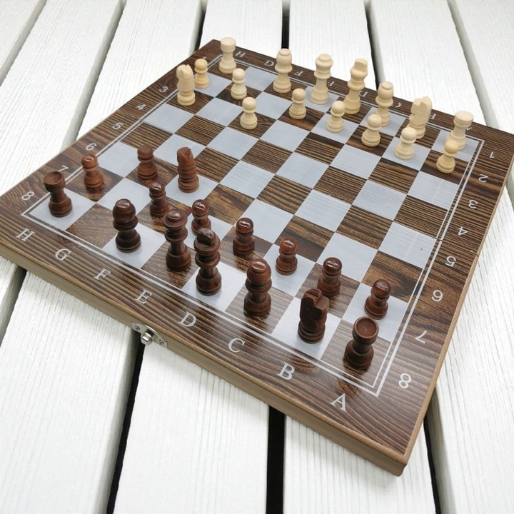 Шах, Табла и Шашки 24 см VisionXXI 2539, Сгъваема дървена кутия, Дървени резбовани фигури, Номерирана дъска, Цар 4.5 см